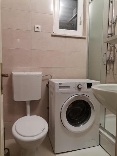 a bathroom with a toilet and a washing machine at Villa Frane in Kneževići