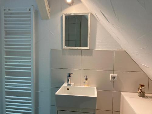 ein Bad mit einem Waschbecken und einem Spiegel in der Unterkunft Guest House Dommitzsch in Dommitzsch