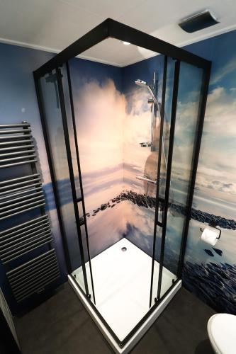 a bathroom with a shower with a view of the ocean at De Monarchvlinder in Den Burg