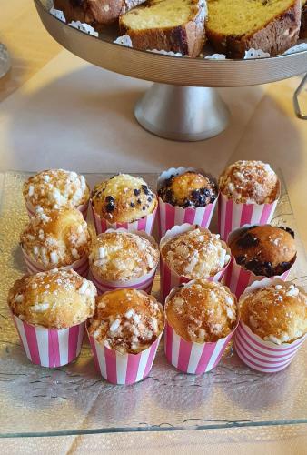 a bunch of muffins in pink and white paper at Hotel Piccada in Palau