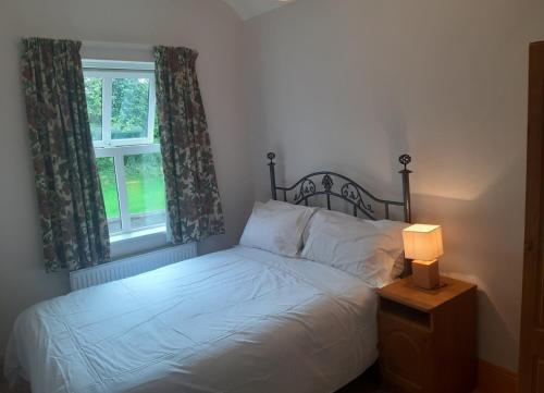 a bedroom with a bed with a lamp and a window at Primrose Cottage in Kinnitty
