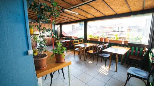 a restaurant with tables and chairs and plants at Puffin Hostel - Istanbul in Istanbul