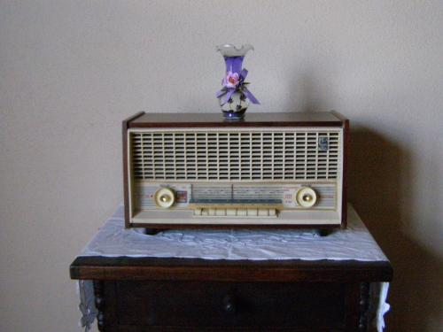 an old radio sitting on a table with a vase at Agriturismo Collesassi in Montalcino