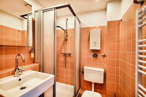 La salle de bains est pourvue d'une douche, d'un lavabo et de toilettes. dans l'établissement Ferienwohnung Sonnenschein mit Pool, à Wangerland