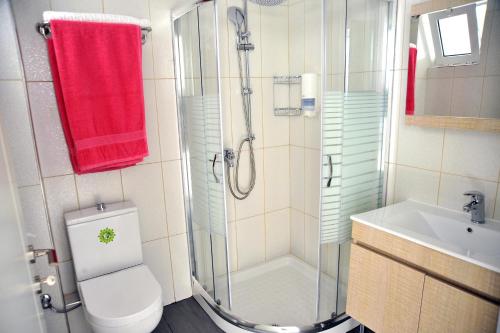a bathroom with a shower and a toilet and a sink at Kos Palace in Tigaki