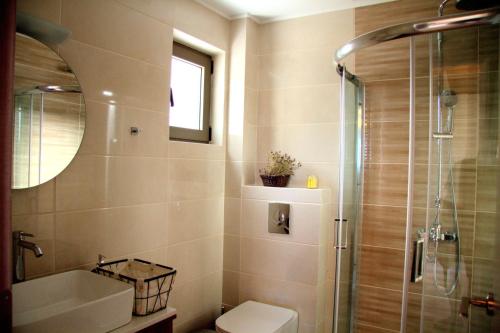 a bathroom with a shower and a toilet and a sink at MELIKIRON LUXURY APARTMENTS in Agios Nikitas
