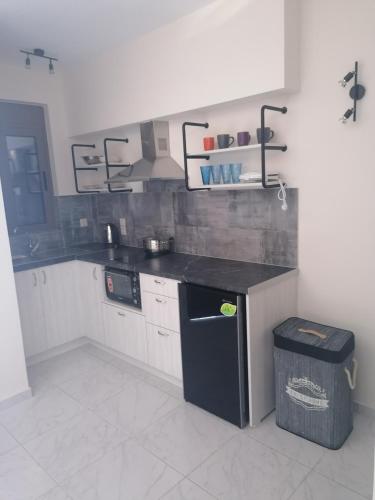 a kitchen with a black counter and a dishwasher at MELIKIRON LUXURY APARTMENTS in Agios Nikitas