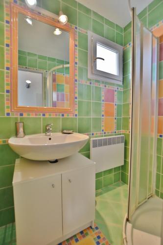 une salle de bain avec un lavabo, un miroir et une douche dans l'établissement Appartement T2 Porticcio Vue sur Mer, à Porticcio