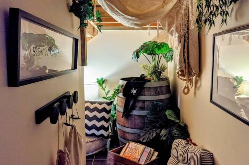 a room with a potted plant in a barrel at Central 3 bedroom, 2 bath home in Albury