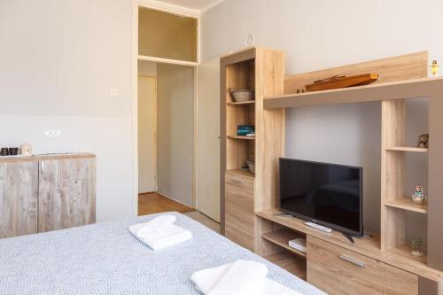 a bedroom with a bed and a tv and shelves at Aloha - Sobe sa kupatilom in Golubac