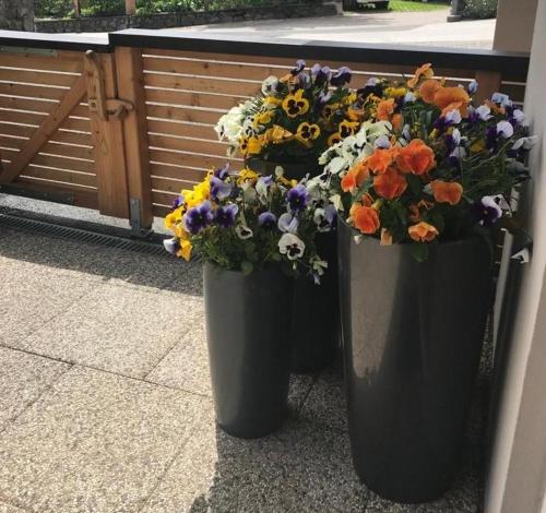two black buckets of flowers sitting next to each other at Wittner's in Söll