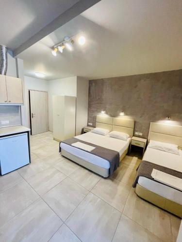 a large room with two beds and a kitchen at Afrodite Beach in Nei Poroi