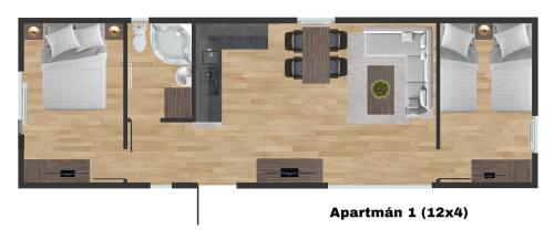 Načrt razporeditve prostorov v nastanitvi Amis apartmán 1