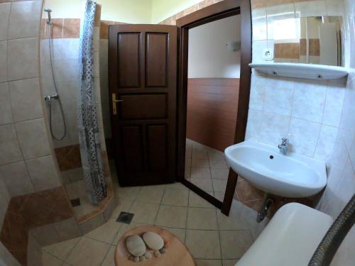a bathroom with a shower and a sink and a toilet at Dami Apartman in Hajdúszoboszló