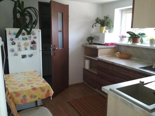 a kitchen with a white refrigerator and a sink at J&K Štrba in Poprad