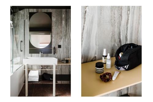 two pictures of a bathroom with a toilet and a sink at PURO Kraków Stare Miasto in Krakow