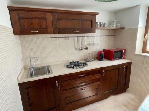eine Küche mit Holzschränken, einer Spüle und einer Mikrowelle in der Unterkunft Trullo Bianco in Putignano