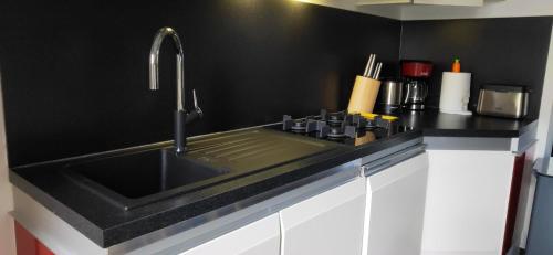 a kitchen with a sink and a black wall at Maison de 3 chambres avec jardin clos et wifi a Vieux Conde in Vieux-CondÃ©