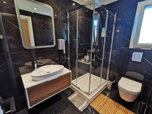 a bathroom with a glass shower and a toilet at Ionion Beach Apartment Hotel & Spa in Arkoudi