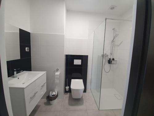 a white bathroom with a toilet and a shower at VaBank in Bystrzyca Kłodzka