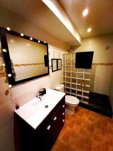 a bathroom with a sink and a toilet and a mirror at Cornu Karma Apartment Siuranella in Cornudella