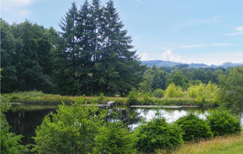 - une vue sur un lac avec un pont et des arbres dans l'établissement Gorgeous Home In St-Hilaires-Les-Places, à Sallas