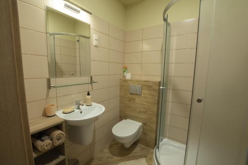 a bathroom with a toilet and a sink and a shower at Pokoje Gościnne Butryny in Butryny