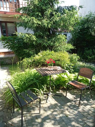 a table and two chairs and a table with flowers on it at Family Apartments Dorobok in Lviv