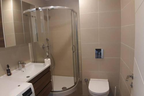 La salle de bains est pourvue d'une douche, de toilettes et d'un lavabo. dans l'établissement Modern luxurious home in Bagcilar, à Istanbul