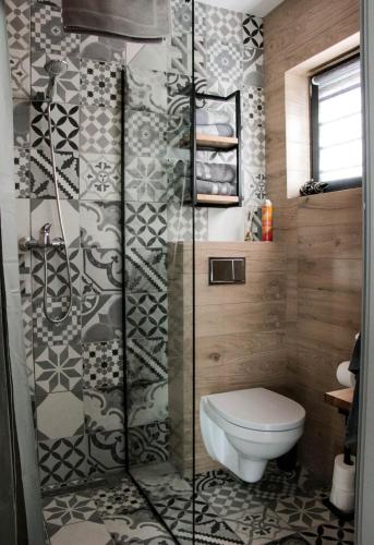 a bathroom with a toilet and a shower at Pokoje Marysia Mechelinki in Mechelinki