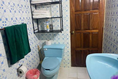 a bathroom with a blue toilet and a sink at Casa Marquita en el centro de Talpa de Allende. in Talpa de Allende