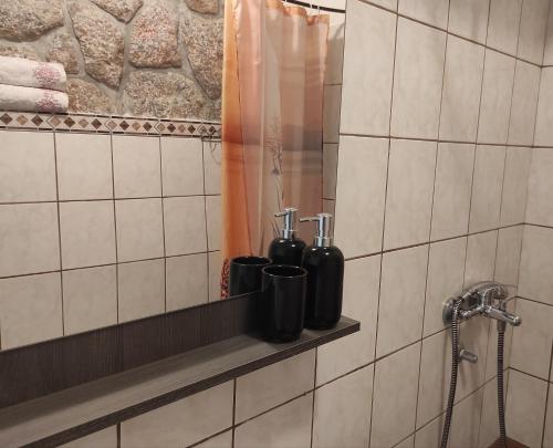a bathroom with two bottles on a shelf in a shower at Romantic Apartment Sonja, Beachfront in Cesarica