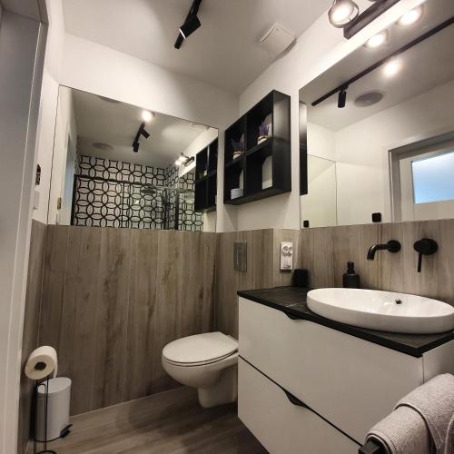 a bathroom with a sink and a toilet at Apartamenty Kąpielowa Biały in Ełk