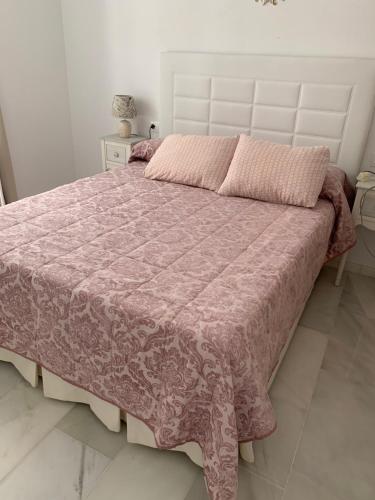 カディスにあるApartamento Calle Nuevaのベッドルーム1室(ピンクの毛布付きの大型ベッド1台付)