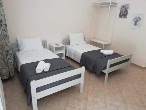 a hotel room with two beds and a table at Aquastelle est 2021 in Neos Marmaras