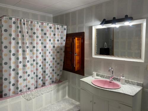 baño con lavabo y cortina de ducha en Casa Monedero, en La Recueja