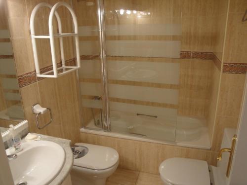 a bathroom with a shower and a toilet and a sink at Apartamento Rosaleda in Denia