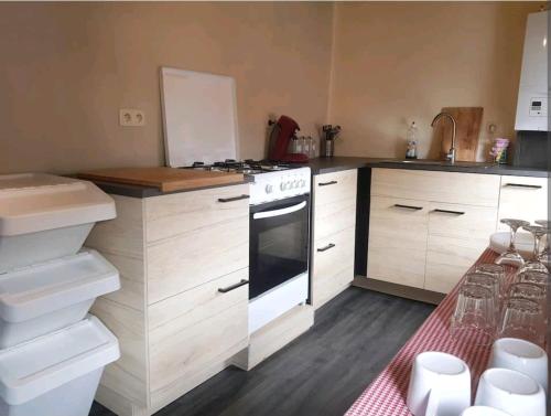 a kitchen with white cabinets and a stove top oven at Charmante maison lumineuse au coeur de Liège! in Ans