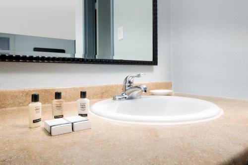 ein Waschbecken mit 3 Flaschen Seife und einem Spiegel in der Unterkunft Ivy City Hotel in Washington