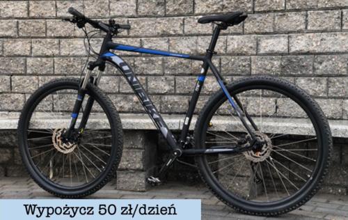 a bike parked on a bench next to a brick wall at Apartament WIDOK in Olsztyn