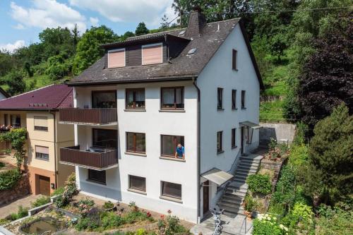 an aerial view of a white house at Rheintal-Ferien - 90 qm Ferienwohnung mit Wine & Style - Dein Urlaub am Rhein in Niederheimbach