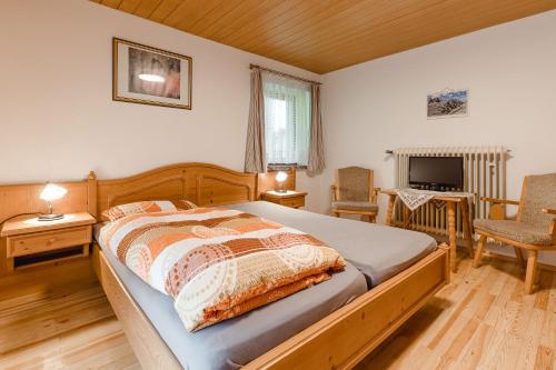 Schlafzimmer mit einem Bett, einem Schreibtisch und einem TV in der Unterkunft Gästehaus Friedlich in Schönau am Königssee