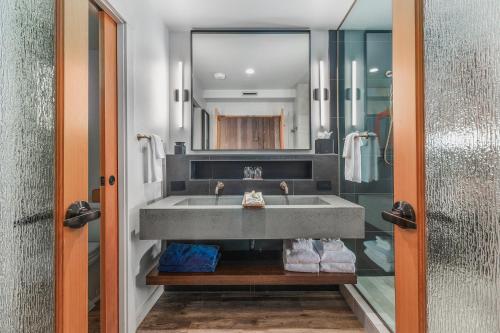 a bathroom with a sink and a mirror at Headlands Coastal Lodge & Spa in Pacific City