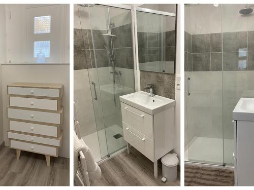 two pictures of a bathroom with a shower and a sink at Gîte Avaray, 4 pièces, 6 personnes - FR-1-491-299 in Avaray