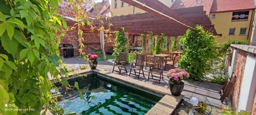 podwórko z basenem z krzesłami i roślinami w obiekcie Noclegi Szymrych w mieście Chełmsko Śląskie