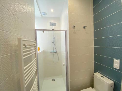 a bathroom with a shower and a white toilet at Bleu Soleil Rochefort 3 étoiles in Rochefort