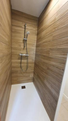 uma casa de banho com chuveiro e paredes de madeira em FACTORY em Nogent-sur-Seine