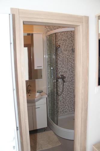 ein Bad mit einer Dusche und einem Waschbecken in der Unterkunft Apartman ANA Livno - biker friendly in Livno