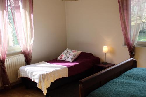 a small room with two beds and a window at Le Vent d'Ange in Zellenberg