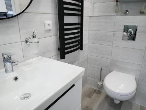 a bathroom with a white sink and a toilet at POOL Rožnov in Rožnov pod Radhoštěm